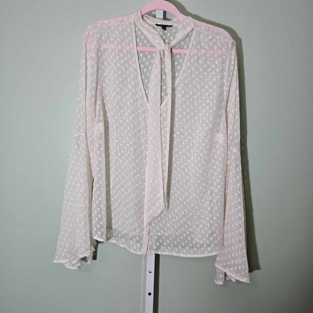 Smak Parlour Unique Vintage Sheer‎ Bell Sleeve V-Neck Tie Blouse White 1X